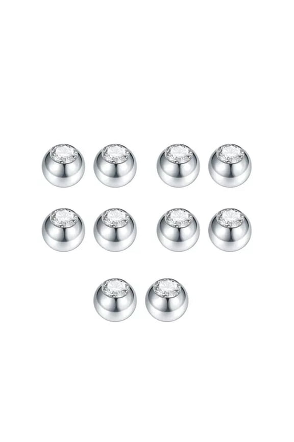 10pcs Steel CZ Gem Replacement Spare Balls Labret Tongue Ear Piercing Attachment-16G(1.2mm)x5mm-Silver Ball+Clear CZ