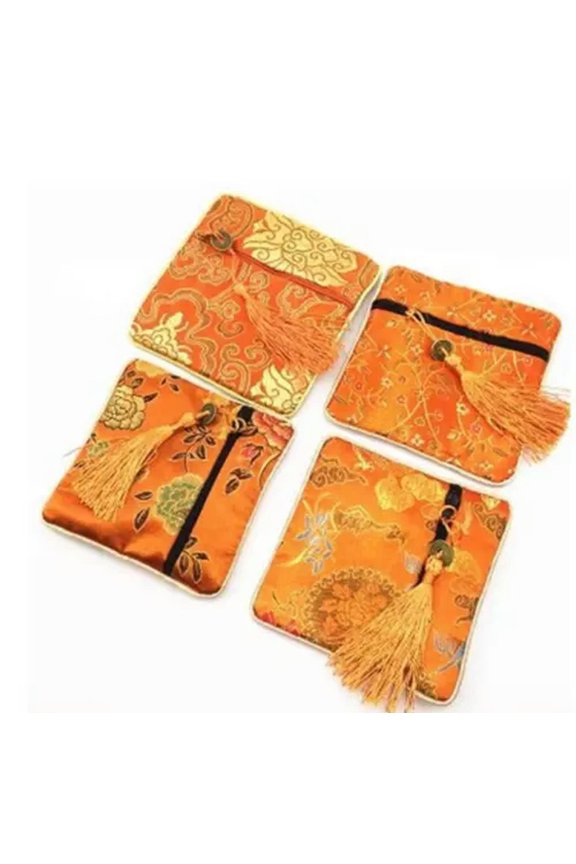 10pcs Tassel Cloth Bag Chinese Tradition Lucky bag Embroidery Jewels Organizer-Orange