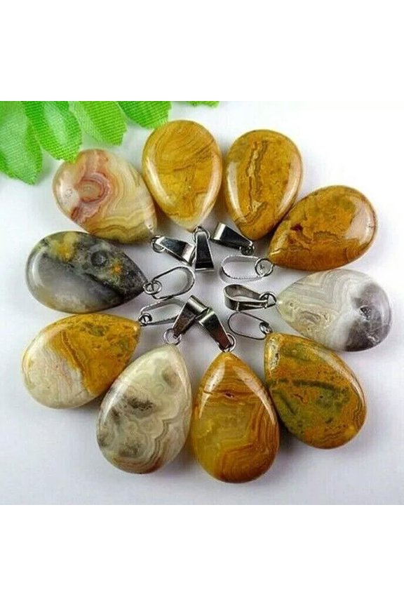 10pcs Yellow Crazy Lace Agate Stone Teardrop Pendant Bead Necklace Delicate Jewelry DIY