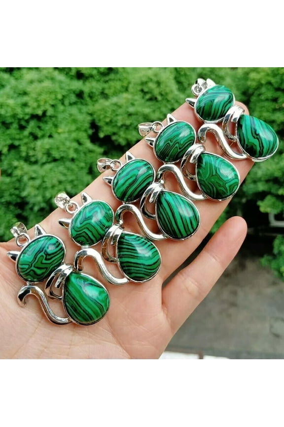 10pcs/lot Malachite Stone Cat Pendants Necklace for Delicate Jewelry Making Wholesale