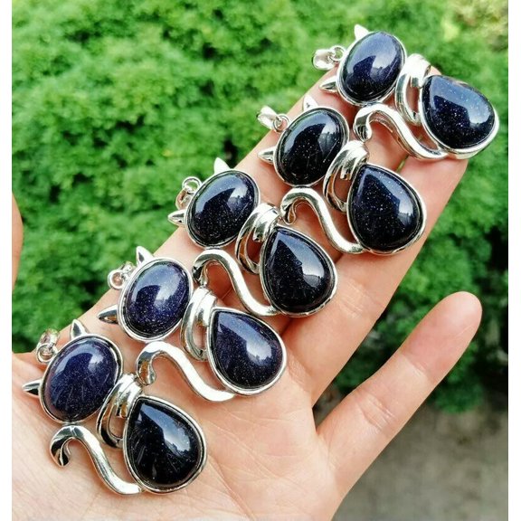 K-KED 10pcs/lot Natural Blue Sand Stone Cat Pendants Necklace for Delicate Jewelry Making