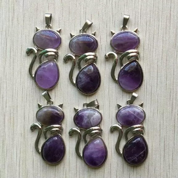 K-KED 10pcs/lot Natural Stone Amethysts Cat Pendants Necklace for Delicate Jewelry Making DIY