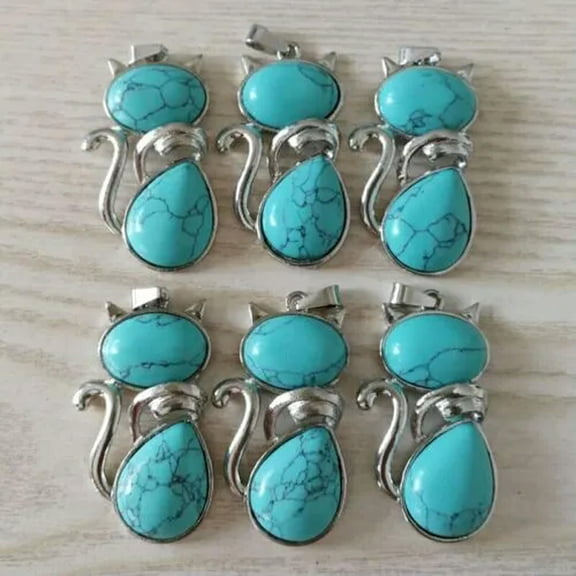 K-KED 10pcs/lot Turquoises Stone Cat Pendants Necklace for Delicate Jewelry Making Wholesale