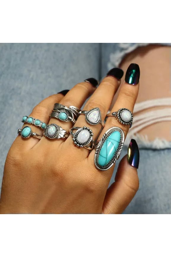 11 Pcs/set 925 Silver Rings Set Fashion Turquoise Women Wedding Rings-Turquoise&Opal