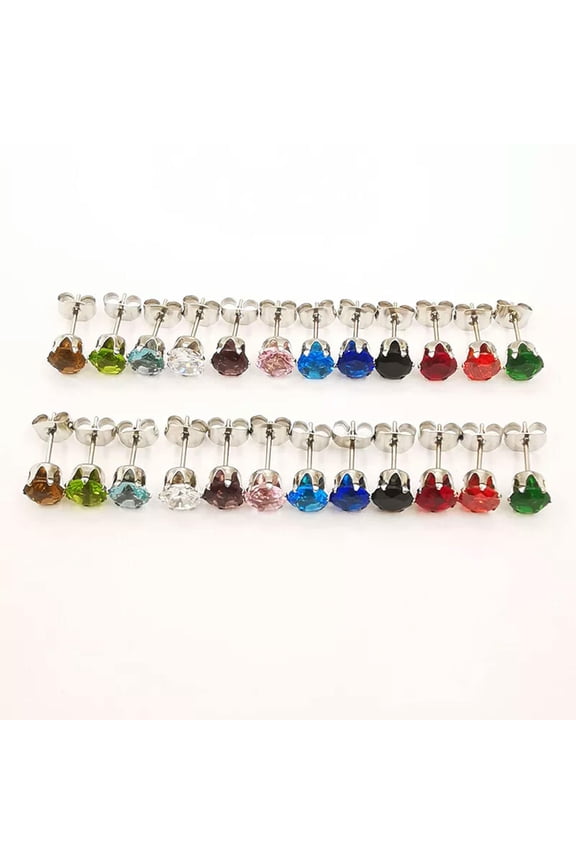 12 Pairs Stainless Steel Stud Earring set 6mm CZ Zirconia Ear Cartilage Piercing-default