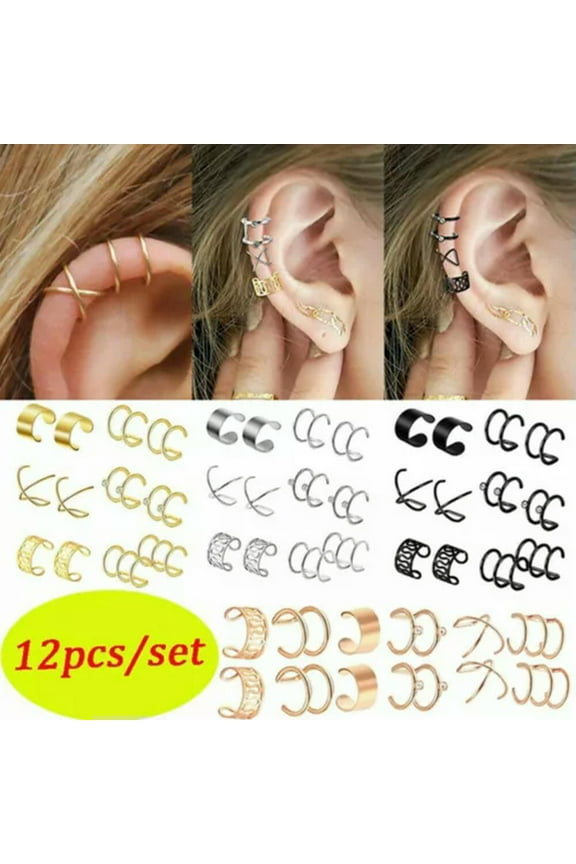 12Pcs Men/Women Ear Cuff Wrap Earrings Set No Piercing Clip Cartilage Ear Clips-12PCS/SET - Gold