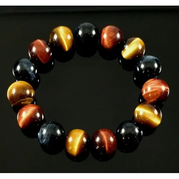 K-KED 12 mm Natural Tiger Eye Bracelet Round Stone Bead Hawk Eye Healing Gemstone Men
