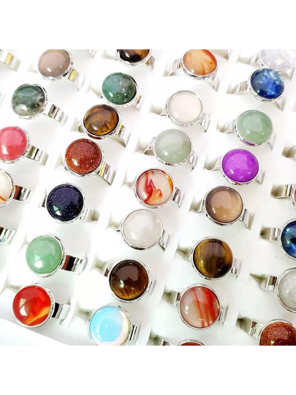 12Mm Round Natural Stone Ring Set of 10 Women's Adjustable Mouth Openings