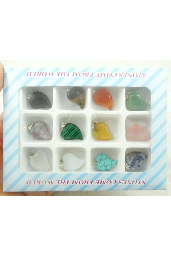 12PCS Natural Stone Pendants Mixed stone Crooked heart pendant necklace Beads