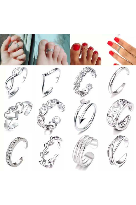 12Pcs/set Simple Toe Ring Charm Zircon Ring Retro Women's Ring Silver Plated-default