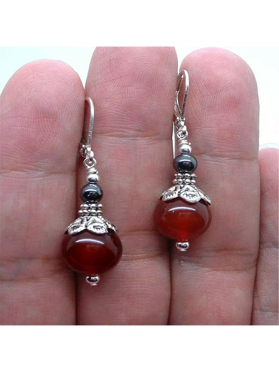 12mm Red Carnelian Black Hematite Earrings DIY Gift for Her Handmade