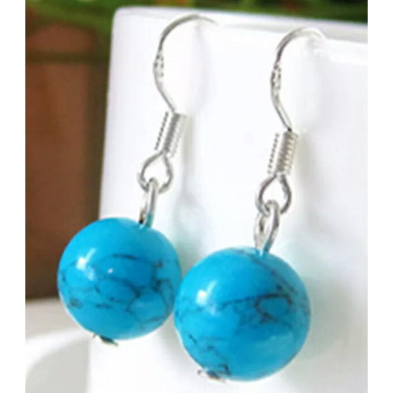 K-KED 12mm Turquoise Gemstone Round Beads 925 Silver Hook Dangle Earrings