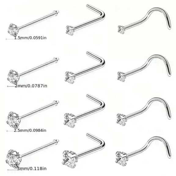 K-KED 12pcs CZ Zirconia Nose Stud Bone Gold Silver Stainless Steel Nostril Piercing-Silver mix set 12pcs
