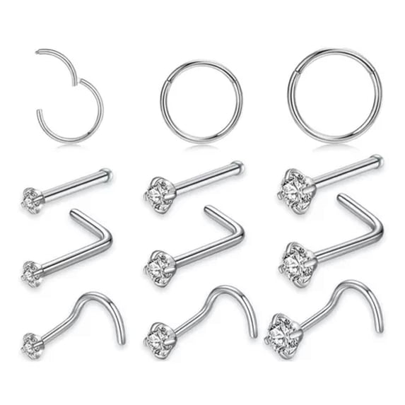 K-KED 12pcs CZ Zirconia Nose Stud Bone Gold Silver Stainless Steel Nostril Piercing-studs&ring