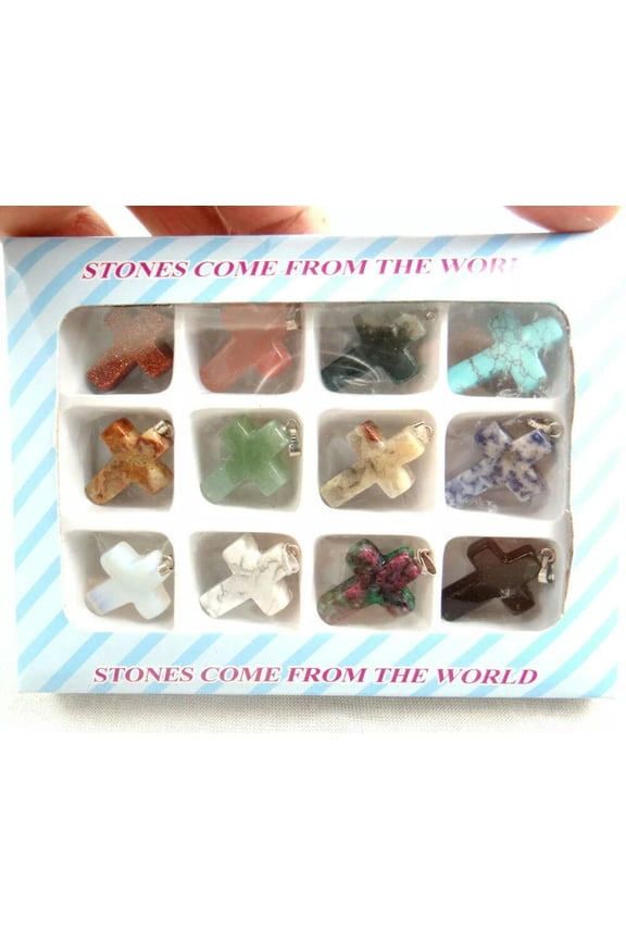 12pcs Natural Stone Mixed Carved Cross Pendants for Necklaces Delicate Jewelry Making