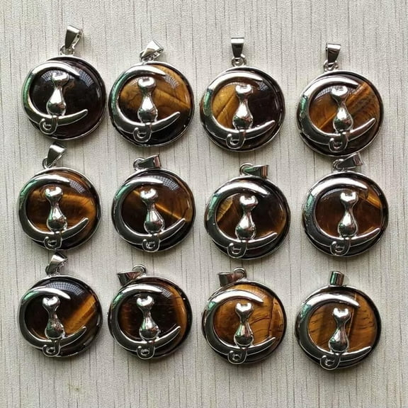 K-KED 12pcs Wholesale Natural Tiger Eye Stone Moon Cat Metal Alloy Pendants Necklace