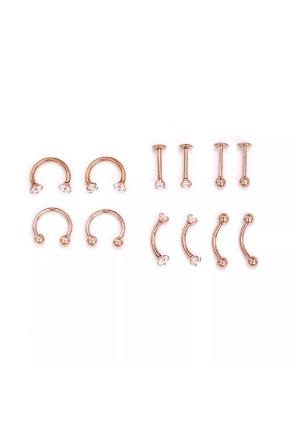 12pcs Zirconia Horseshoe Barbell Ring Labret Studs ROSEGOLD Piercing Gift SET-default