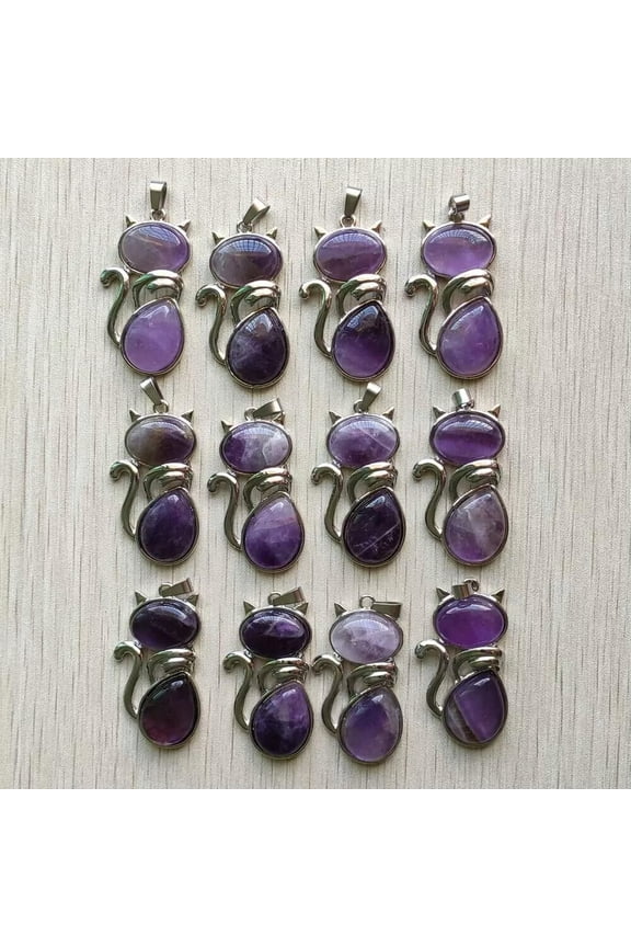 12pcs/lot Natural Stone Amethysts Cat Pendants Necklace for Delicate Jewelry Making DIY