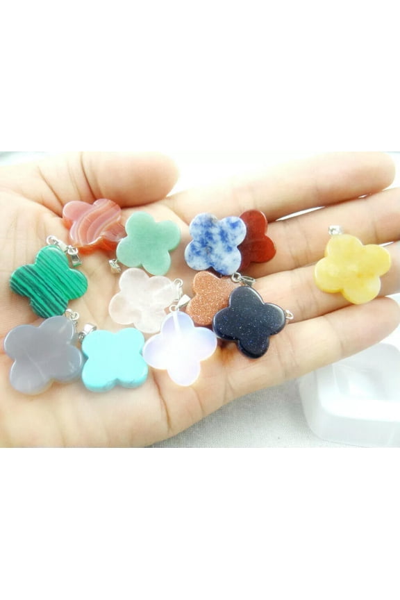 12pcs/lot Natural Stone Mixed Stone Clover Pendant Beads Necklace Delicate Jewelry Making