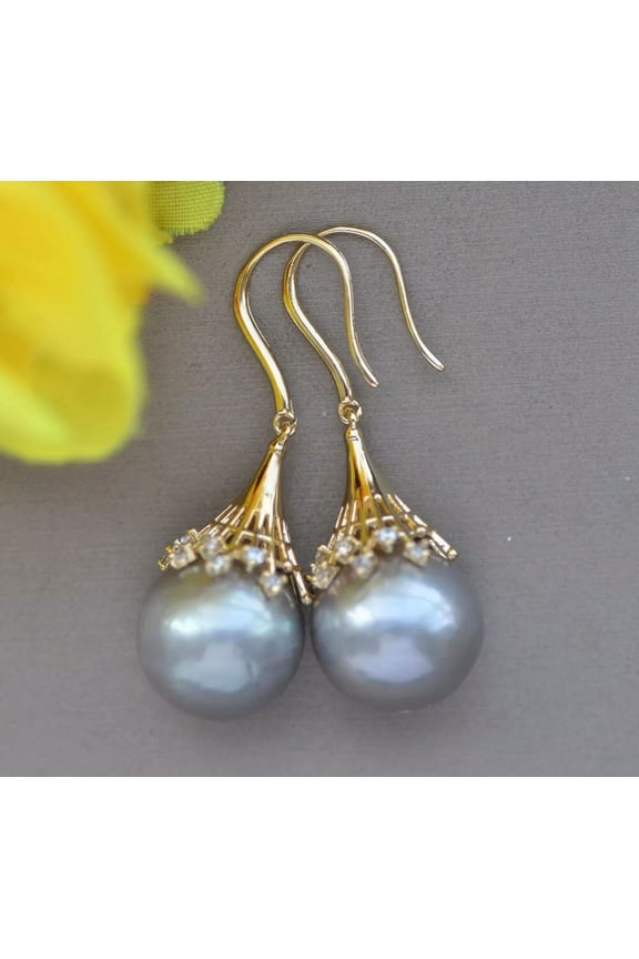 13mm Gray Round Edison Keshi Pearl Dangle Earring CZ