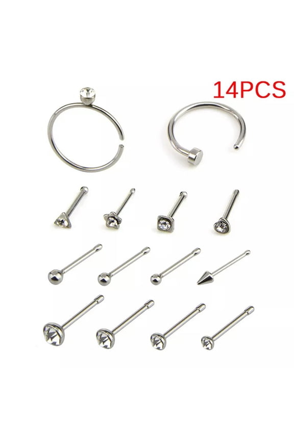 14x/Set Stainless Steel Crystals Nose Hoop Septum Rings Bone Stud Body Pierci:yq