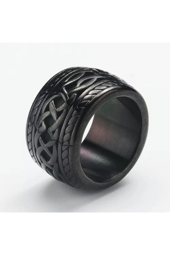 15mm Big Retro Pattern Wedding Ring Stainless Steel Vintage Biker Punk Men Ring-9-Black