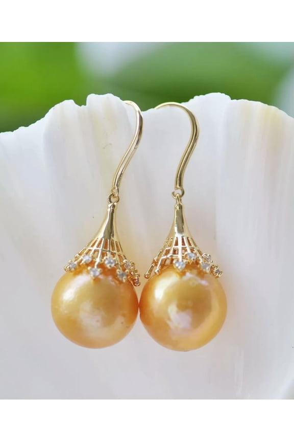 15mm Gold Round Edison Keshi Pearl Dangle Earring CZ