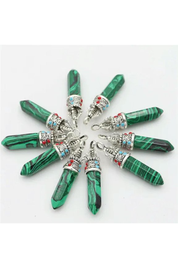 15pcs Malachite Stone Hexagonal Column Healing Point Cut Gemstone Reiki Pendant