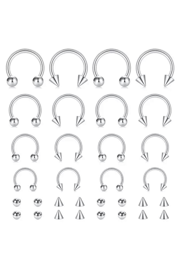16pcs Steel Nose Ring Set CBR Horseshoe Septum Lip Hoop Tragus Piercing Jewelery-Silver