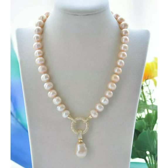 K-KED 18" 12mm Pink Round & Baroque Keshi Pearl Necklace & Pendant CZ Ring clasp