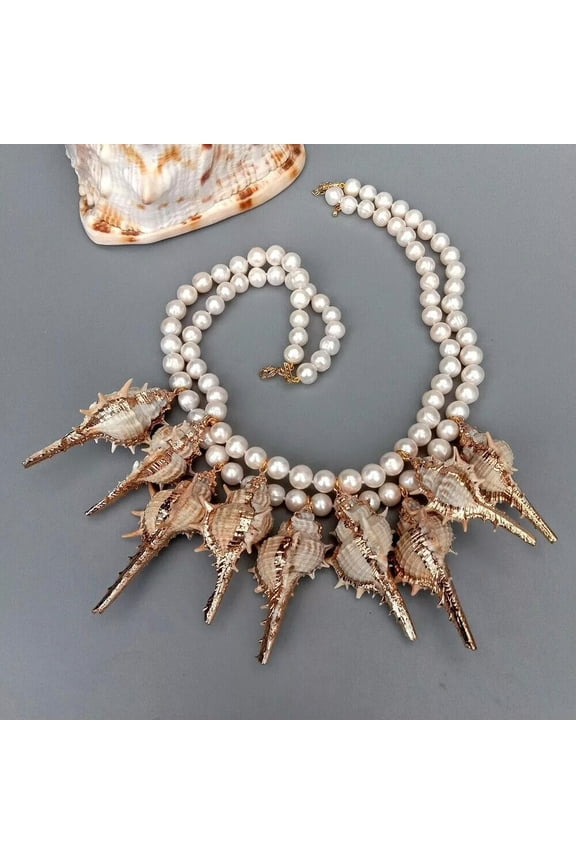 18" 2 Strands Freshwater Cultured White Pearl Sea Shell Statement Necklace