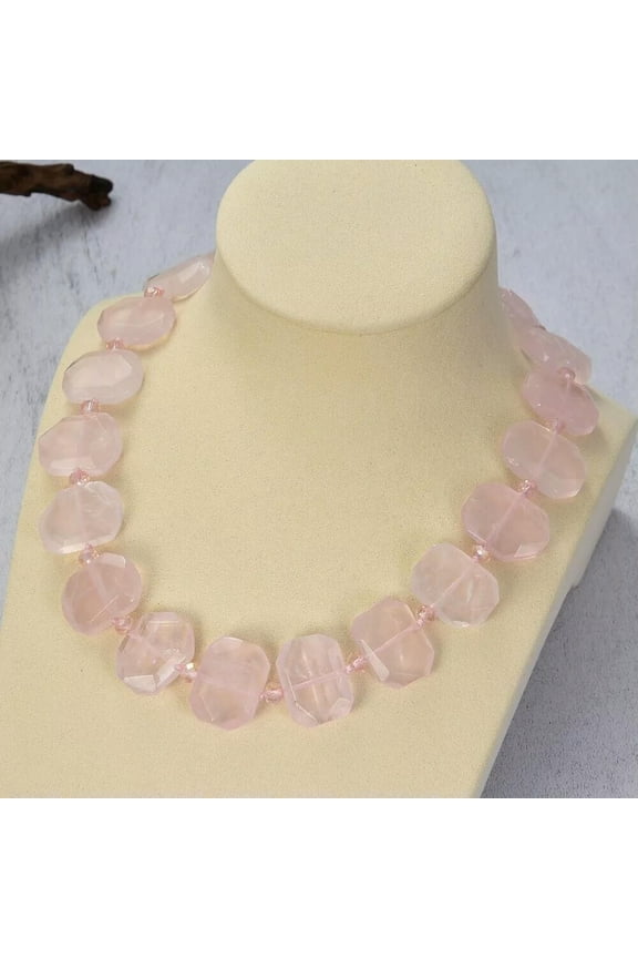 18'' 20x23mm Natural Pink Rose Quartz Faceted Slice Rectangular Necklace