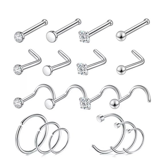K-KED 18PCS 20G CZ Zirconia Nose Stud Rings Stainless Steel Nose Piercing Jewelry-default
