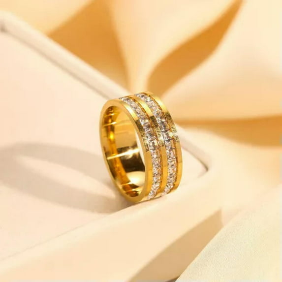 K-KED 18k Gold Plated 2-rows Crystal Band Ring Womens Mens Wedding Delicate Jewelry Accessories-Gold-11