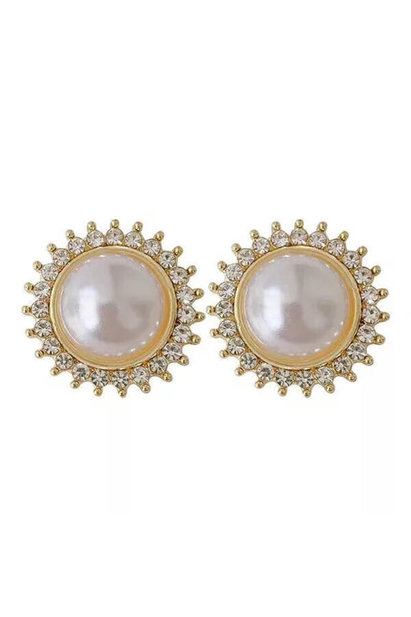 18k Gold Plated Round Circle Pearl Crystal Stud Earrings Womens Jewellery Party