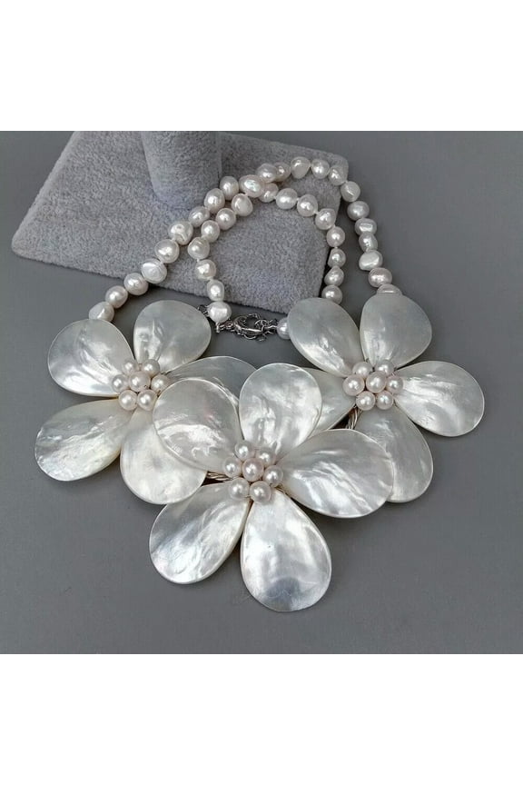 19" Cultured White Baroque Pearl White Shell Flower Handmade Statement Necklace