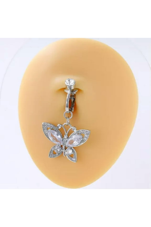 1PC Girls Butterfly Navel Clip Zircon Belly Clip Unperforated Bell Button Ring -white