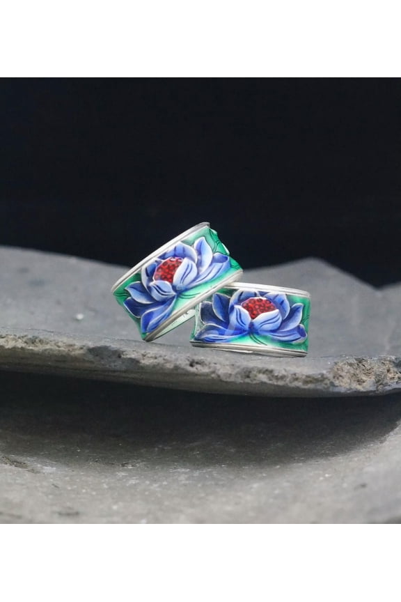 1PC Lotus Heart Sutra Cloisonn Ring Craft Ethnic Style Opening Lotus Ring