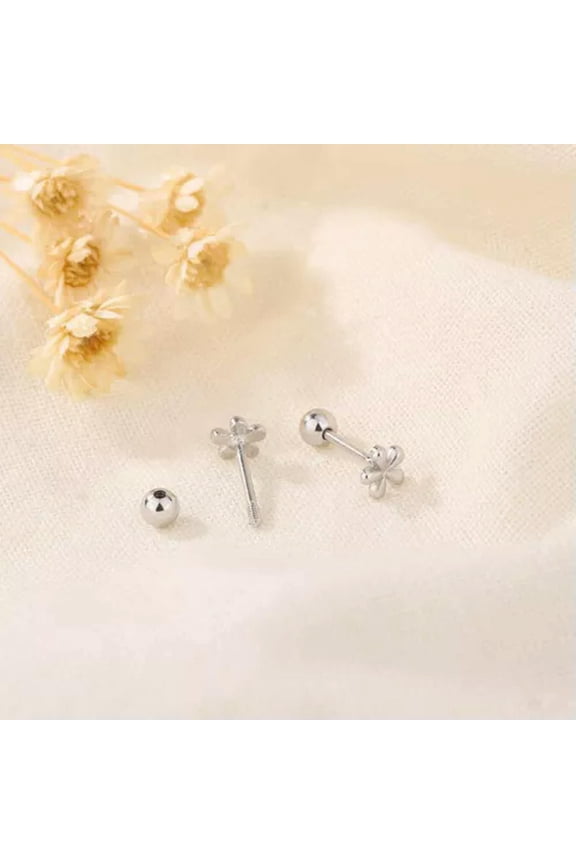 1Pair Gold Simple Earrings Silver Mini Small Flowers Ear Stud Piercing Jewelry-_-Silver-