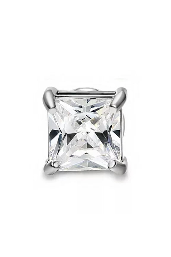 1Pc CZ Clear Square Magnetic Clip-On Stud Earrings Men Women﻿Non-piercing -Silver 6mm