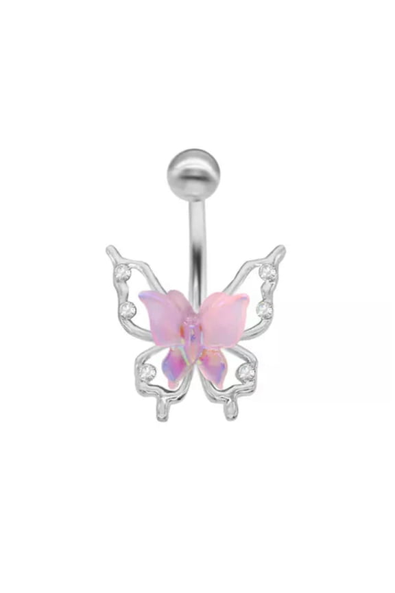 1Pc CZ Gem Belly Ring Butterfly Navel Piercing Pierced Naval Body Jewelry-Pink
