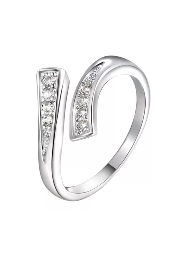 1Pc Wave Ring Zircon Open Ring Adjustable Size Ring Finger Ring for Women-Silver-Resizable
