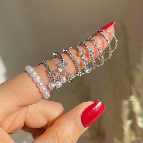 K-KED 1Set Korean Style Butterfly Pearl Rings Set Pearl Rhinestone Finger Jewelry-_-1