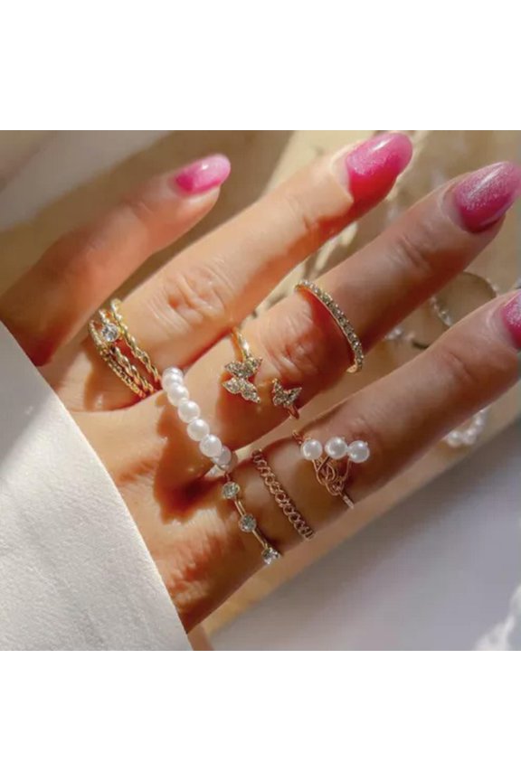 1Set Korean Style Butterfly Pearl Rings Set Pearl Rhinestone Finger Jewelry-_-2