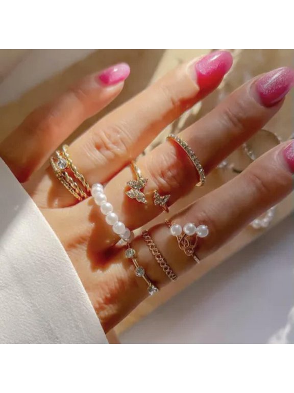 1Set Korean Style Butterfly Pearl Rings Set Pearl Rhinestone Finger Jewelry-_-2