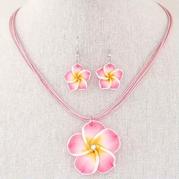 K-KED 1Set Ladies Fashion Flower Wax Rope Sweet Simple Necklace Earring Set Jewelry-_-Pink