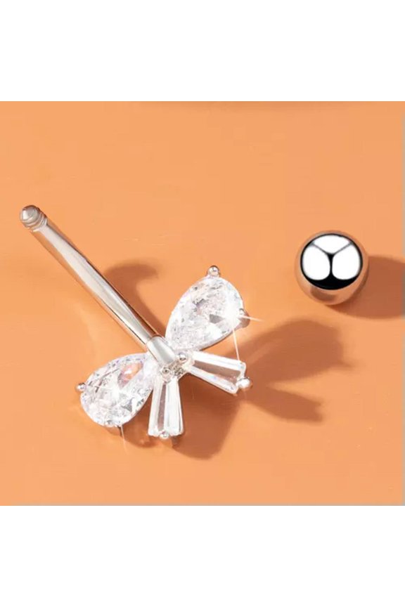 1pc Belly Navel Button Ring Rhinestones Bow Drop Dangle Body Piercing Jewelry-Silver