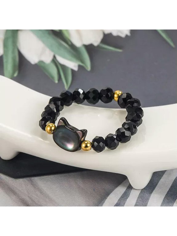 1pc Cute Cat Beaded Ring Natural Moonstone Obsidian Rings Personality Bead Ring-Black
