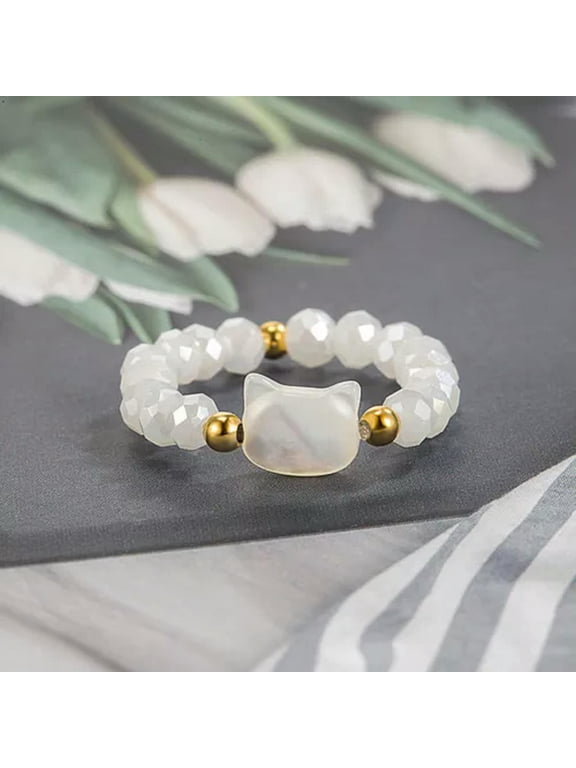 1pc Cute Cat Beaded Ring Natural Moonstone Obsidian Rings Personality Bead Ring-White