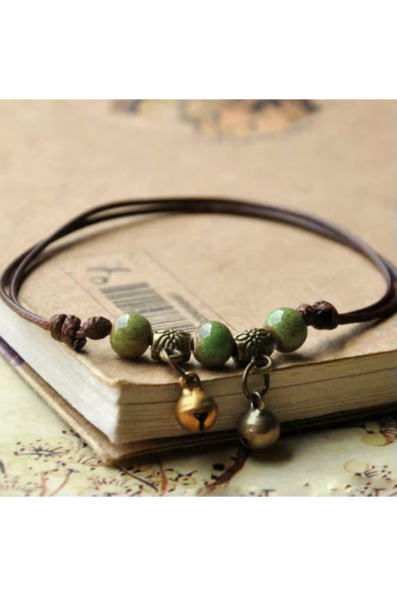 1pc Fashion Women Anklet Retro Color Ceramic Beads Anklet Rope Foot Jewelry-Green